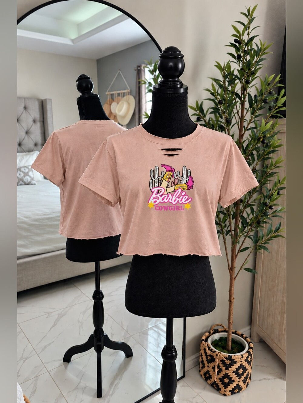 Barbie Pink Cowgirl Crop Tee - Light Blush Graphic